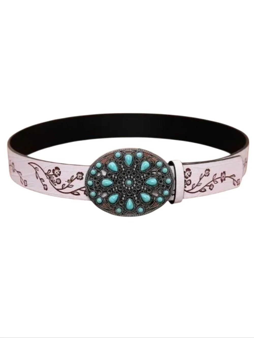 Women's Western White & Silver Tone Faux Turquoise Stone Belt